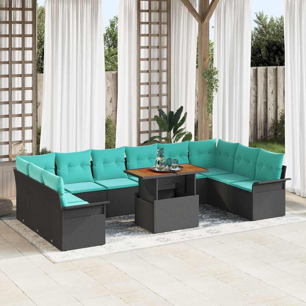 Tuinbankenset met kussen 11 pcs Zwart en Blauw poly rattan