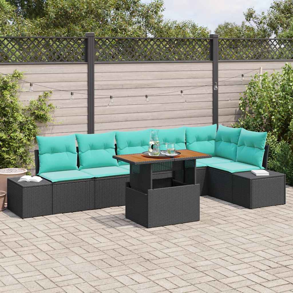 Tuin Eetset met kussen 7 pcs Zwart en Blauwgroen