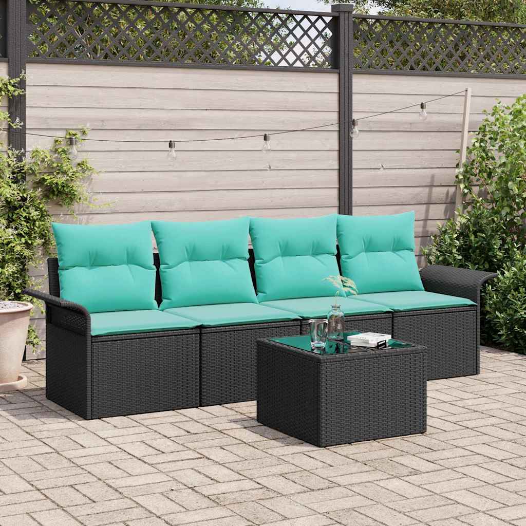 Tuin Sofa Set met kussen 5 pcs Zwart en Turquoise poly rattan