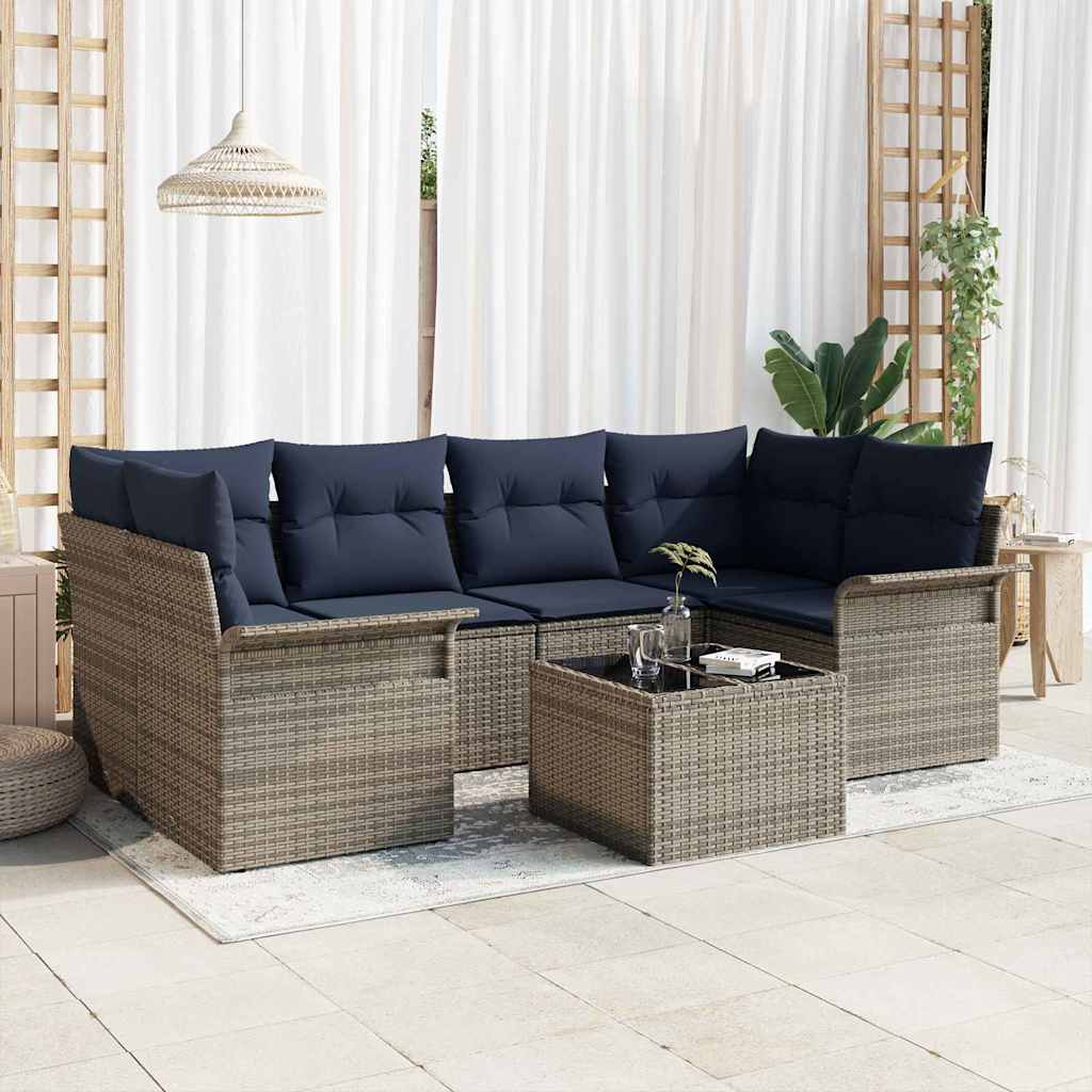 Tuin Sofa Set met kussen 7 pcs Grijs en Marineblauw poly rattan