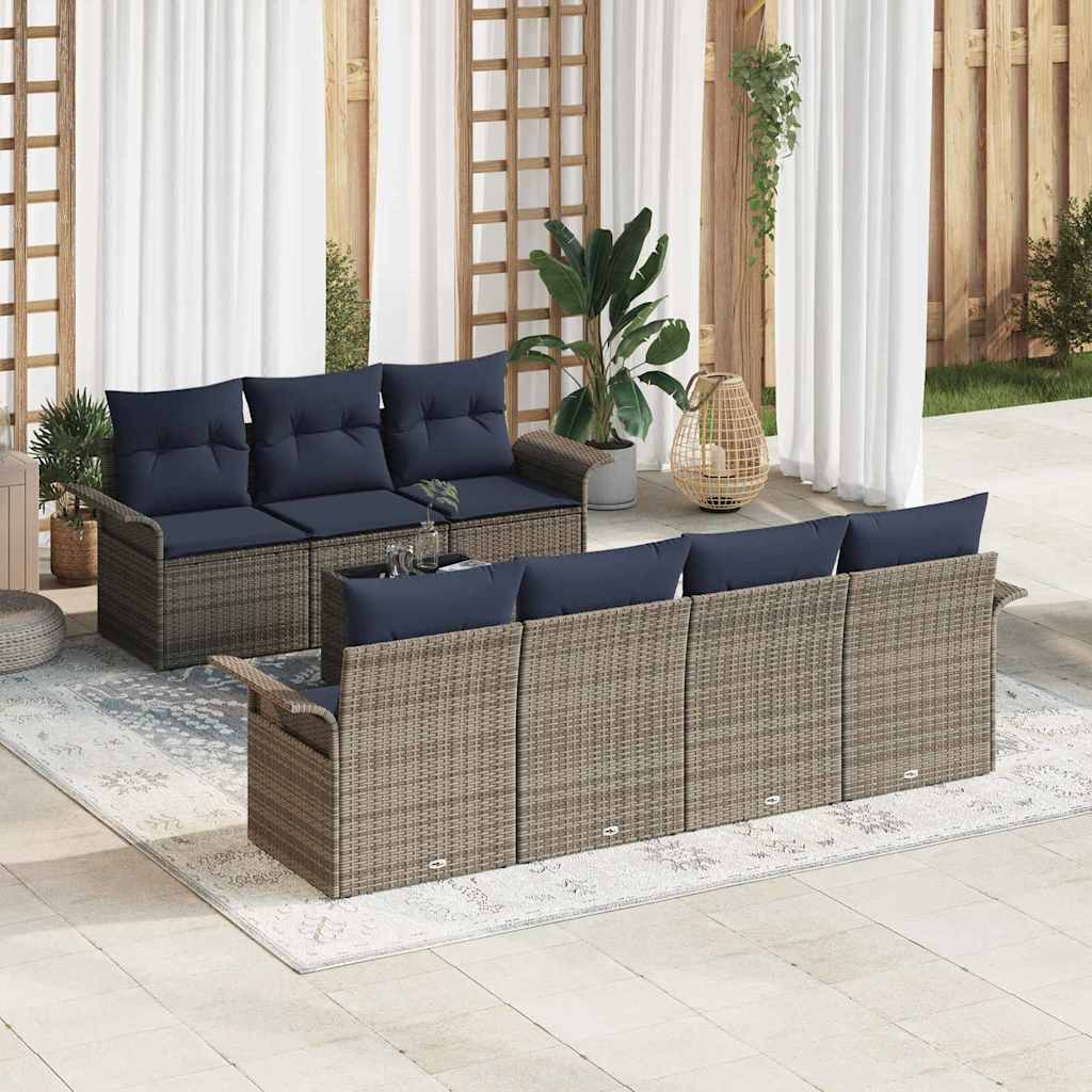 Tuin Sofa Set met kussen 8 pcs Grijs en Marineblauw poly rattan