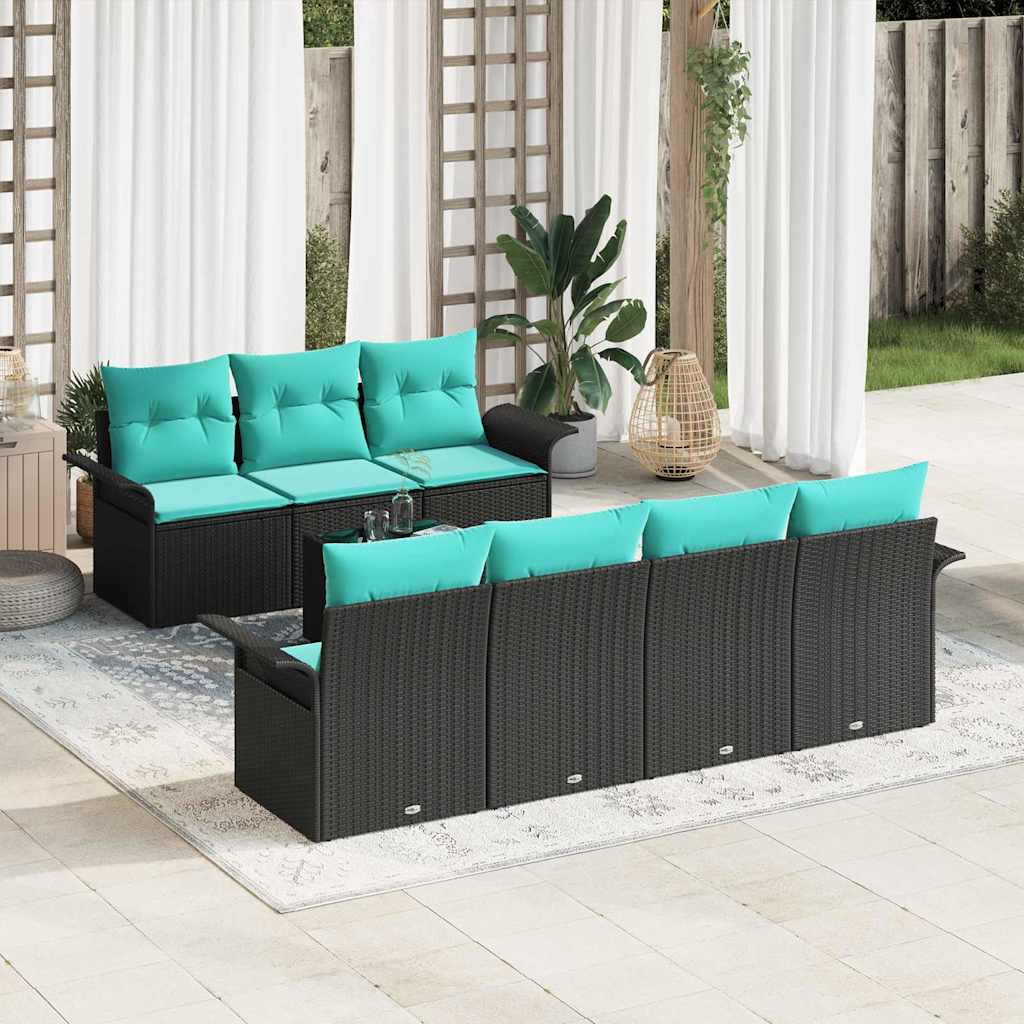 Tuin Sofa Set met kussen 8 pcs Zwart en Turquoise poly rattan