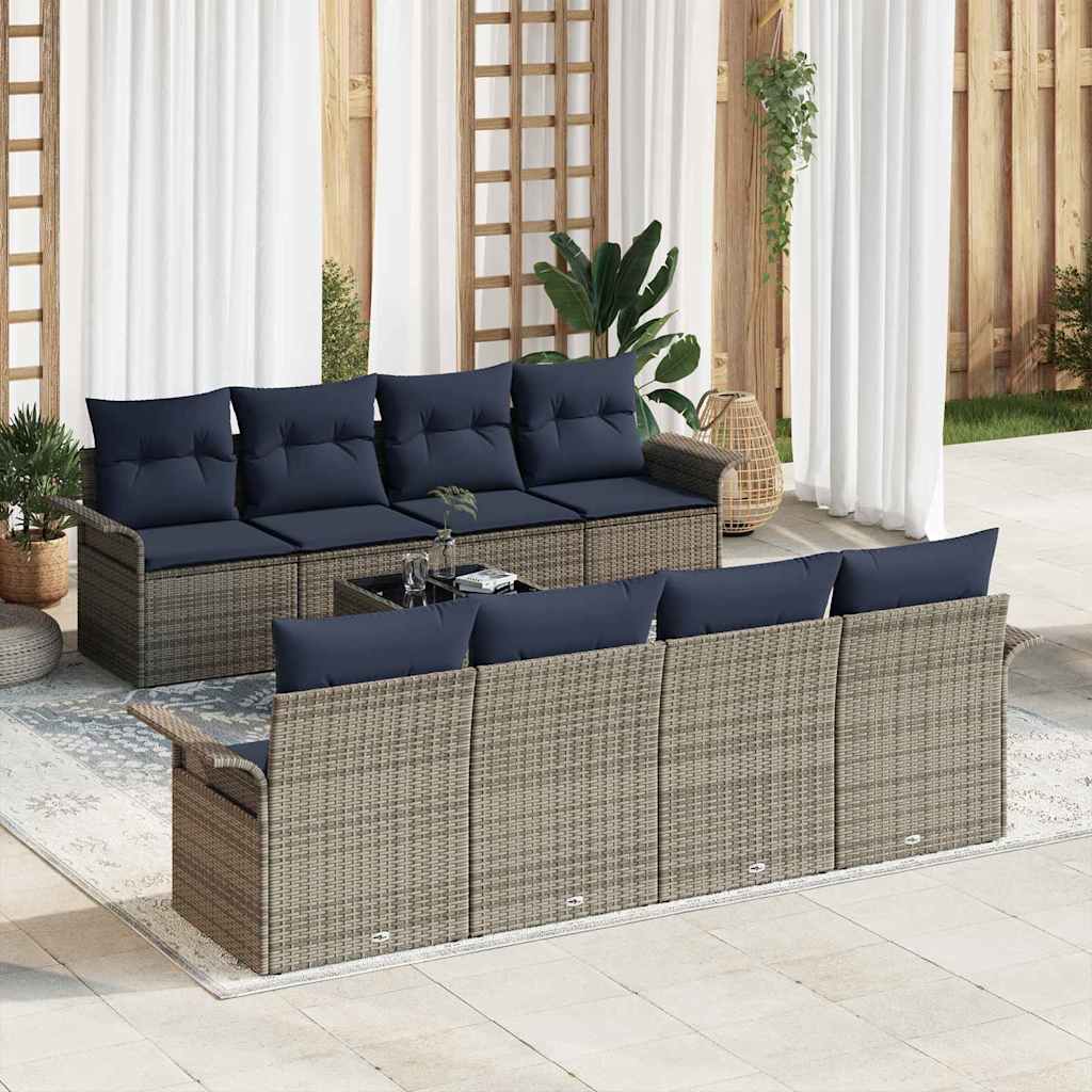 Tuin Sofa Set met kussen 9 pcs Grijs en Marineblauw poly rattan