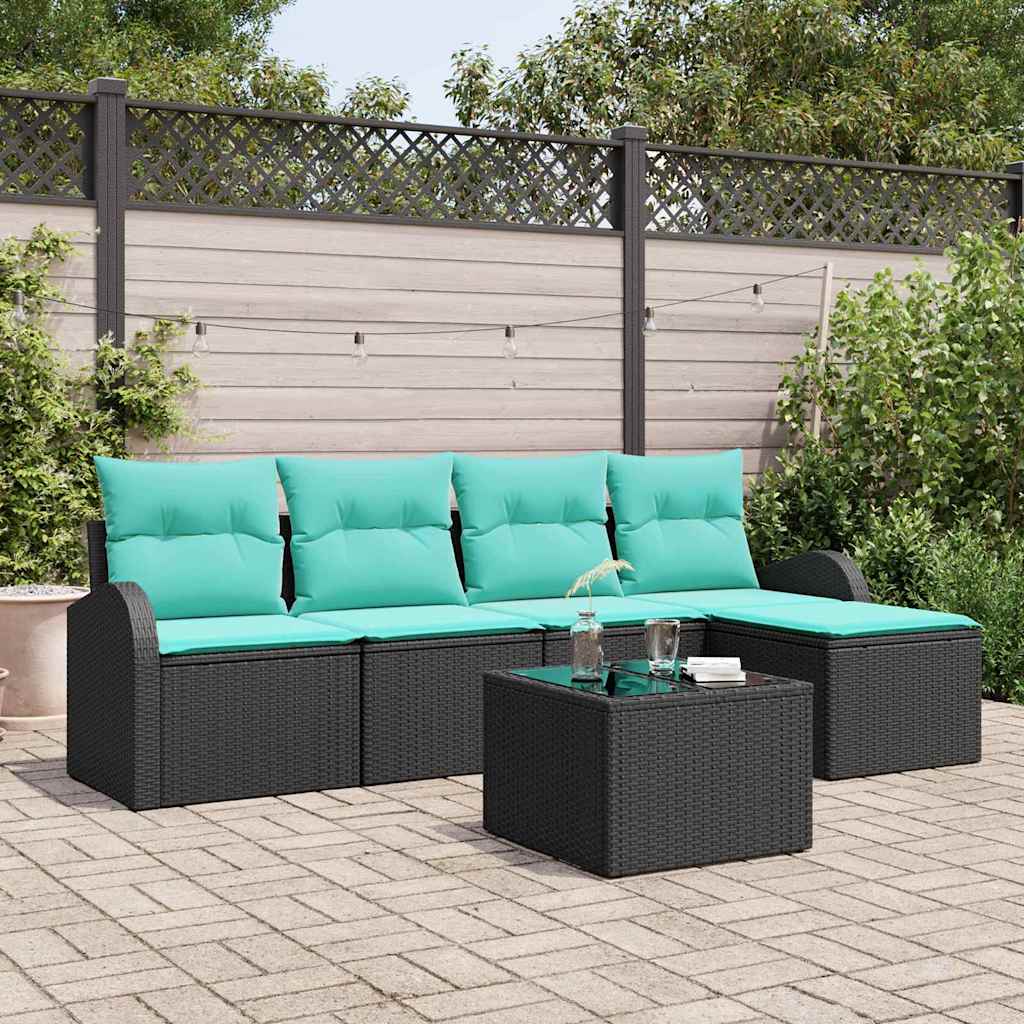 Bankstel met kussen 6 pcs Zwart en Turquoise poly rattan – afbeelding 1