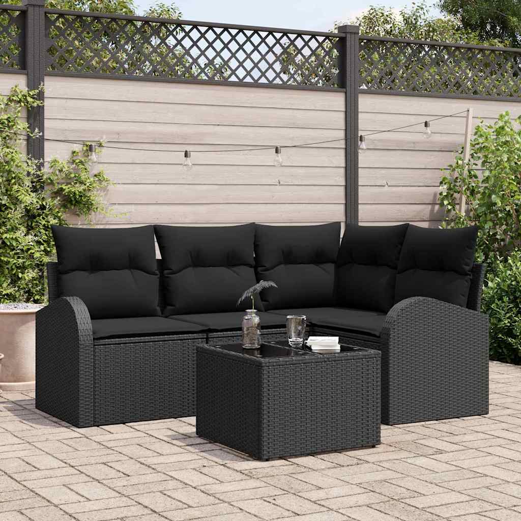 Tuinbankenset met kussen met opslag 5 pcs Zwart poly rattan – afbeelding 1