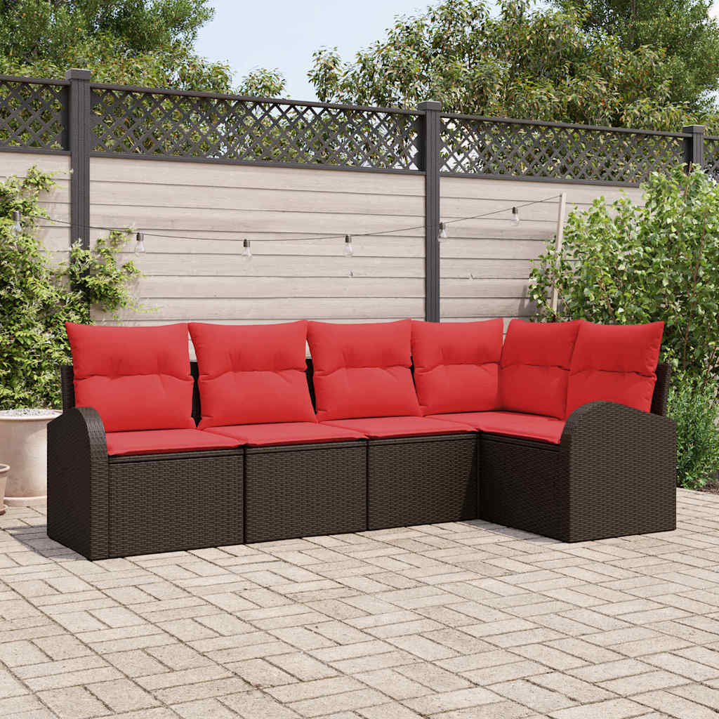 Tuinbankenset met kussen 5 pcs Bruin en Rood poly rattan – afbeelding 1