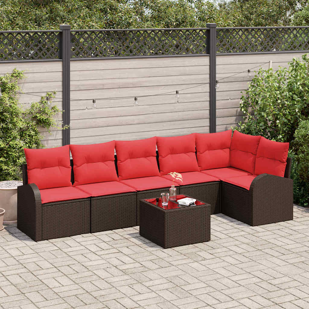 Tuinbankenset met kussen 7 pcs Bruin en Rood poly rattan – afbeelding 1