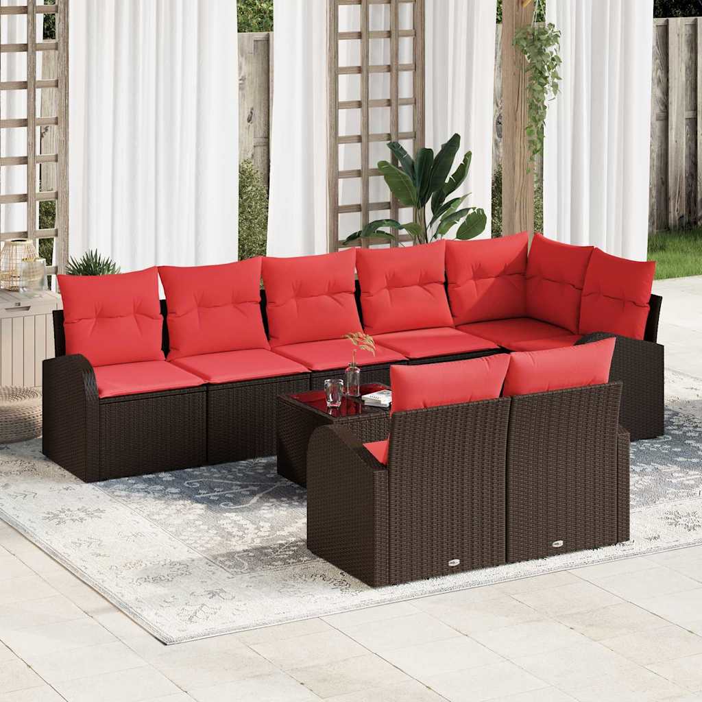Tuinbankenset met kussen 9 pcs Bruin en Rood poly rattan – afbeelding 1