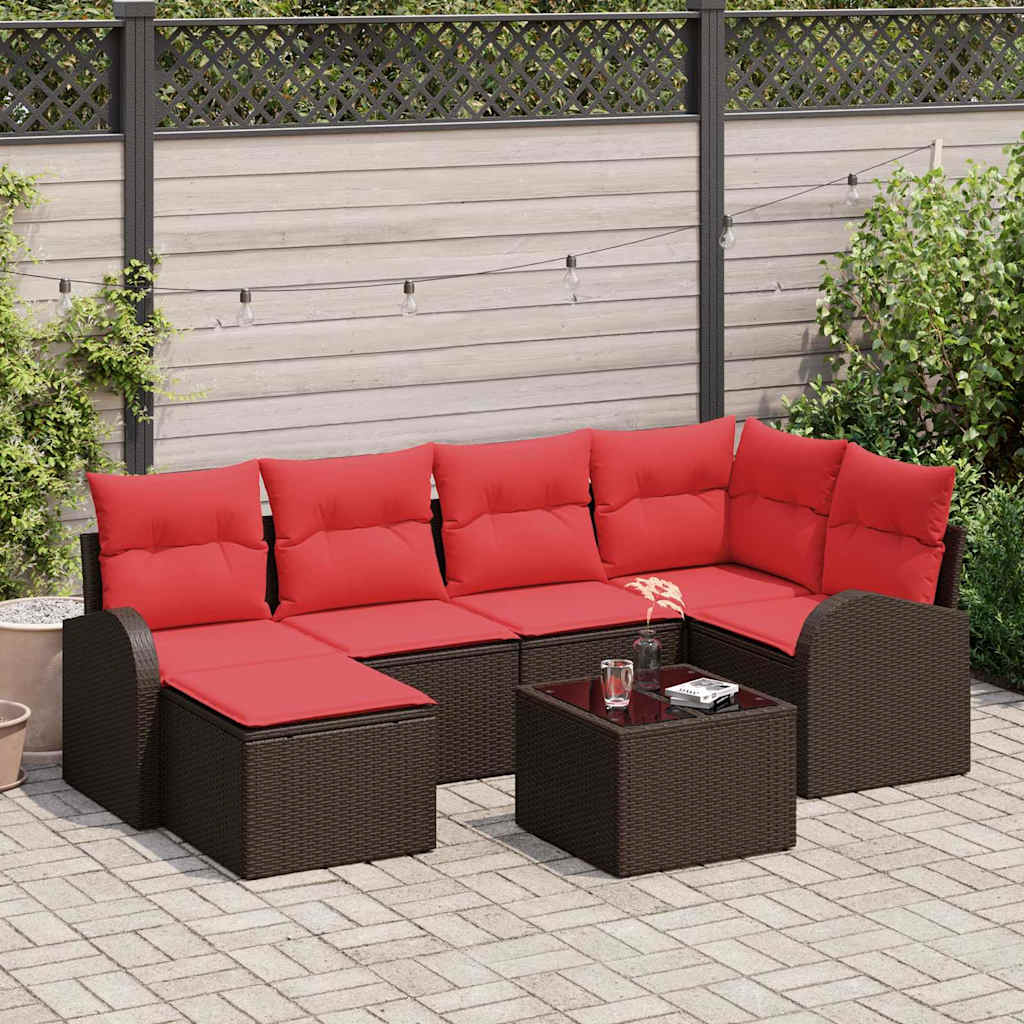 Bankstel met kussen met opslag 7 pcs Bruin en Rood poly rattan – afbeelding 1