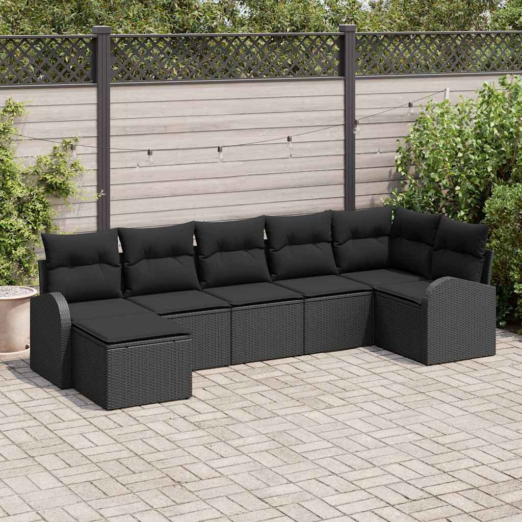 Bankstel met kussen met opslag 7 pcs Zwart poly rattan – afbeelding 1
