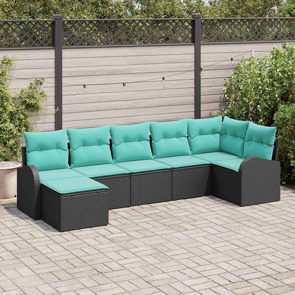 Bankstel met kussen 7 pcs Zwart en Turquoise poly rattan – afbeelding 1