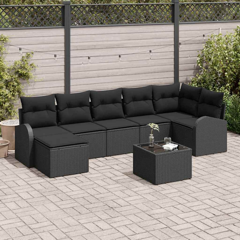 Bankstel met kussen met opslag 8 pcs Zwart poly rattan – afbeelding 1