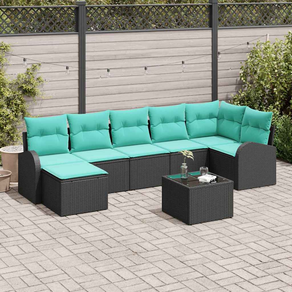 Bankstel met kussen 8 pcs Zwart en Turquoise poly rattan – afbeelding 1