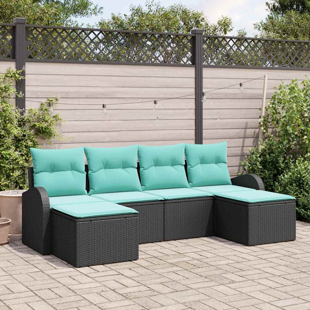 Bankstel met kussen 6 pcs Zwart en Turquoise poly rattan – afbeelding 1
