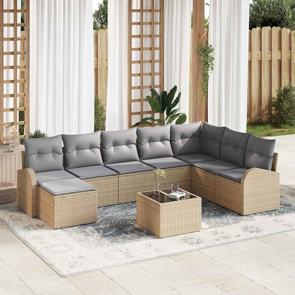 Bankstel met kussen 9 pcs Beige en lichtgrijs poly rattan – afbeelding 1