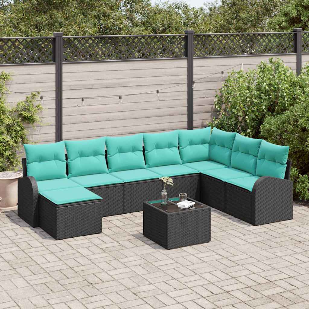 Bankstel met kussen 9 pcs Zwart en Turquoise poly rattan – afbeelding 1