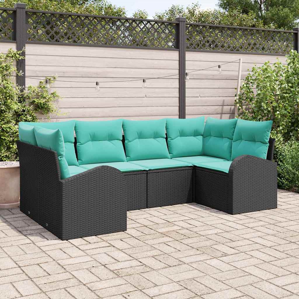 Tuinbankenset met kussen 6 pcs Zwart en Turquoise poly rattan – afbeelding 1