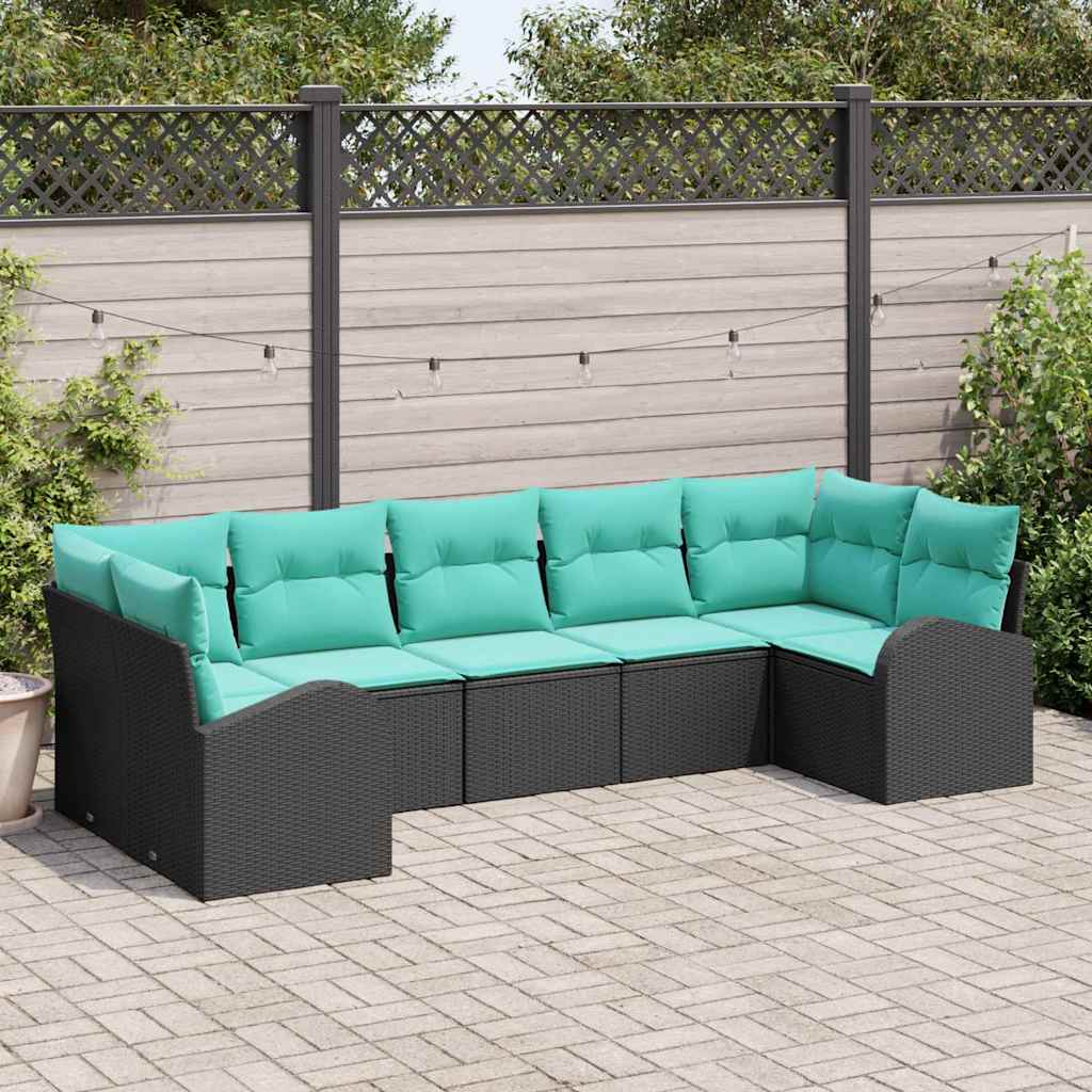 Tuinbankenset met kussen 7 pcs Zwart en Turquoise poly rattan – afbeelding 1
