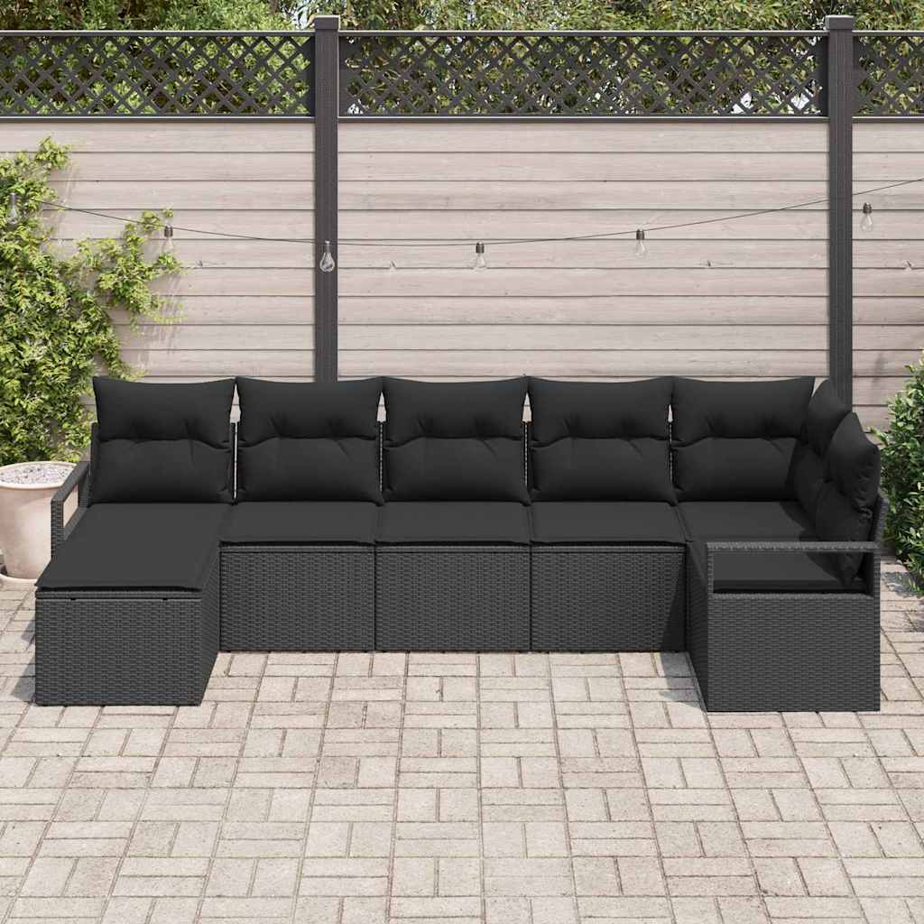 Bankstel met kussen met opslag 7 pcs Zwart poly rattan – afbeelding 1
