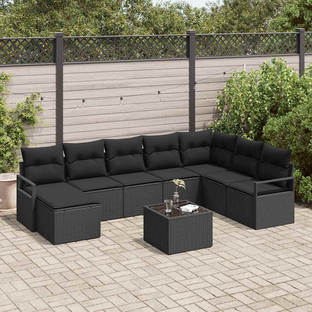Bankstel met kussen met opslag 9 pcs Zwart poly rattan
