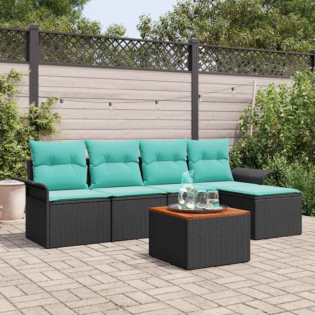 Tuinbankenset met opslag 6 pcs Zwart en Turquoise poly rattan