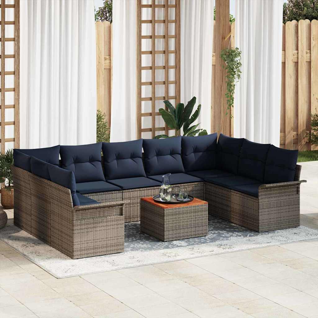 Tuinbankenset 10 pcs Grijs en Marineblauw poly rattan