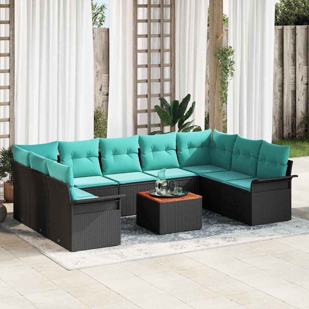 Tuinbankenset met opslag 10 pcs Zwart en Turquoise poly rattan