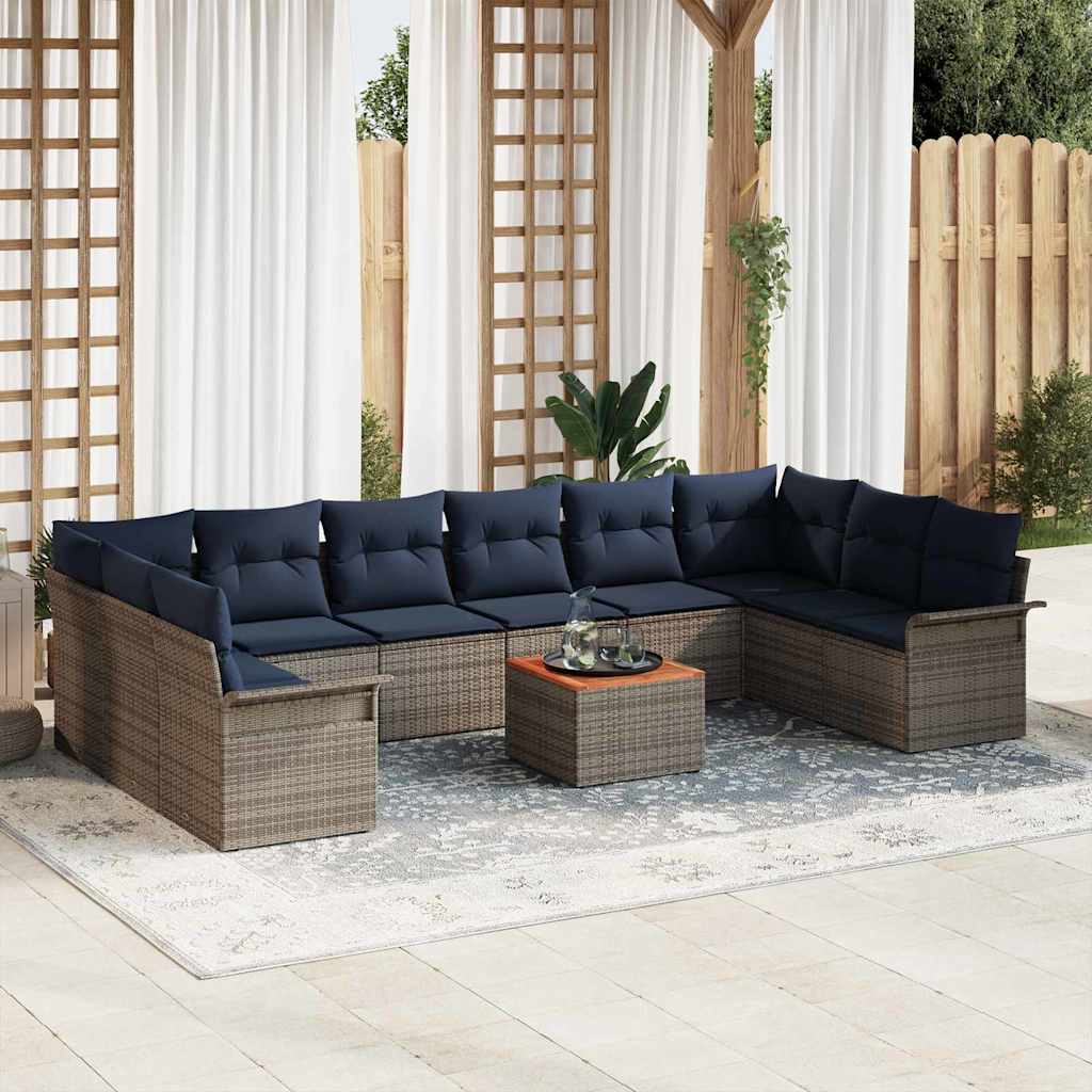 Tuinbankenset 11 pcs Grijs en Marineblauw poly rattan