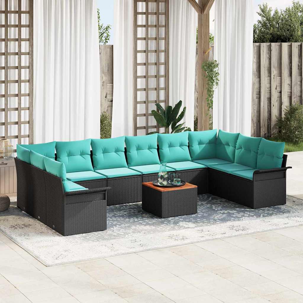 Tuinbankenset met opslag 11 pcs Zwart en Turquoise poly rattan