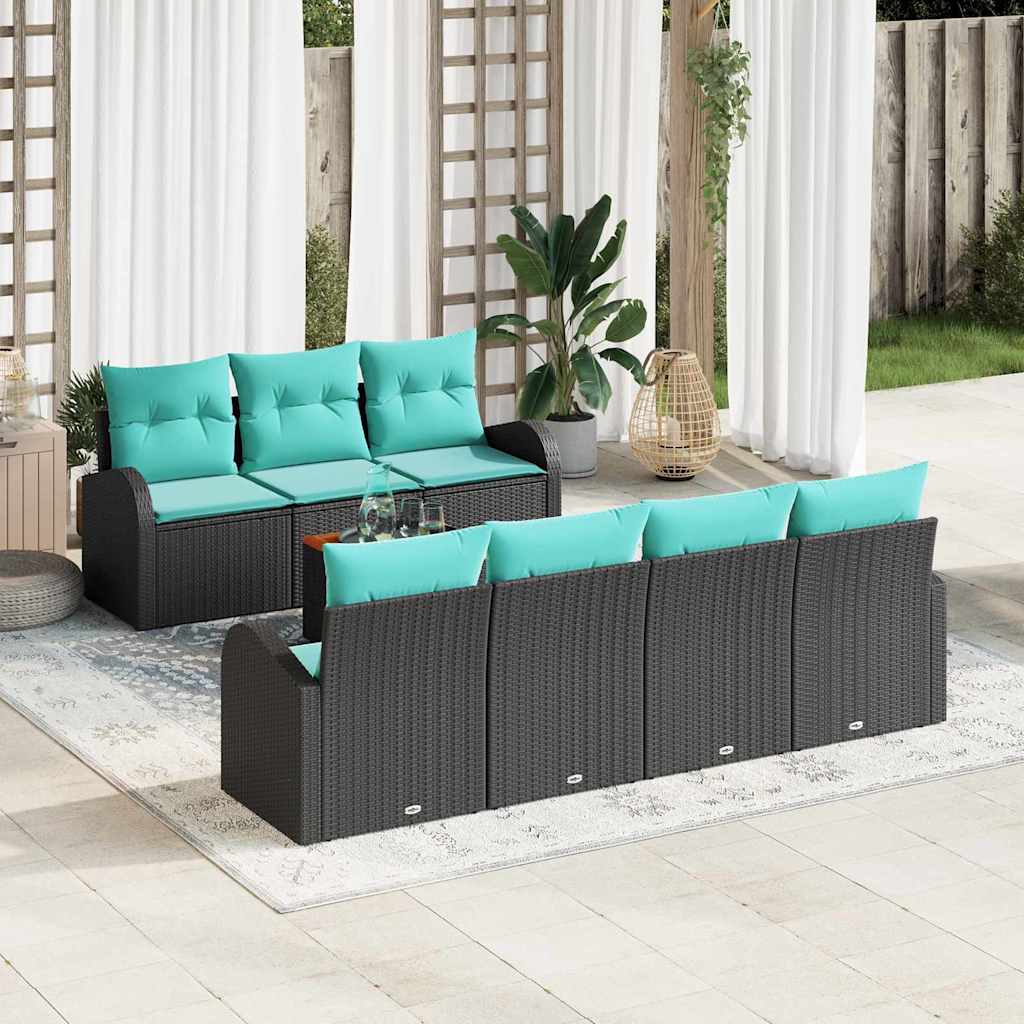 Tuinbankenset met opslag 8 pcs Zwart en Turquoise poly rattan – afbeelding 1