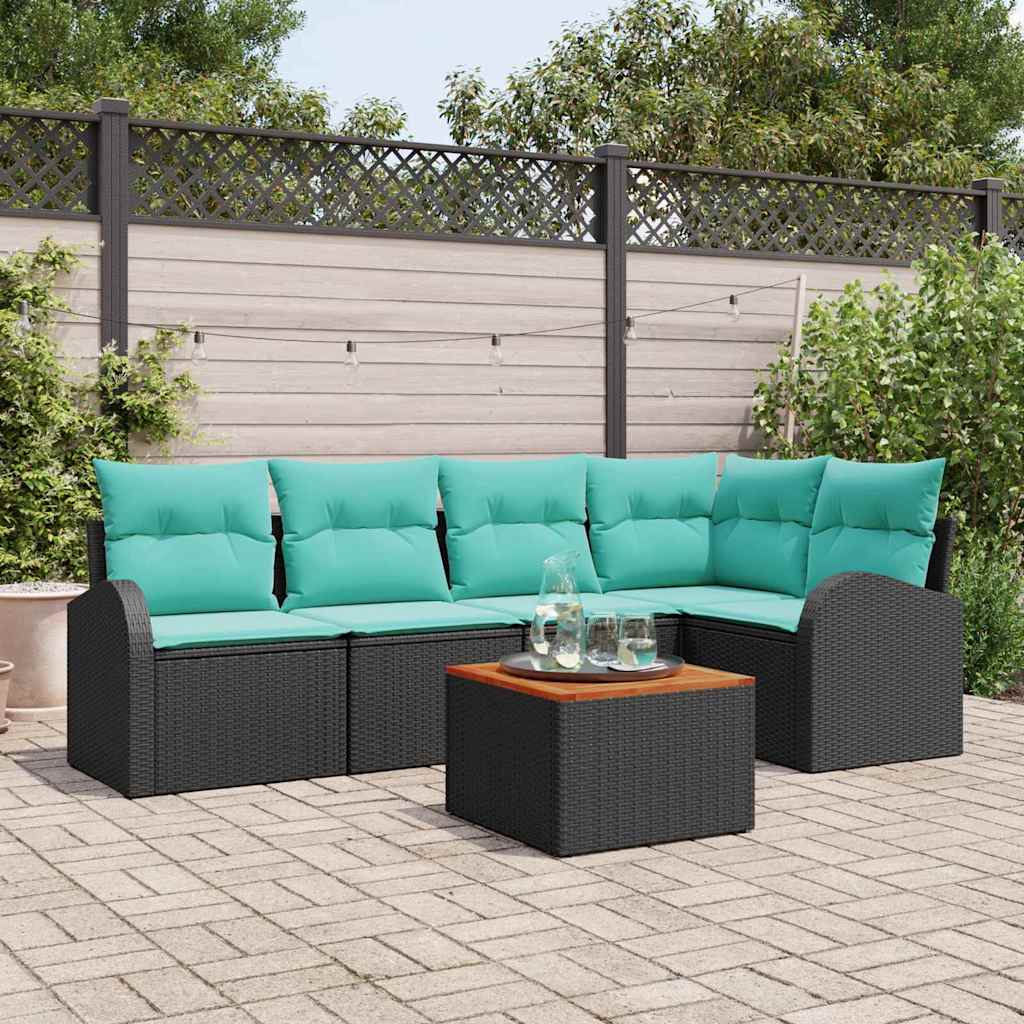 Tuinbankenset met opslag 6 pcs Zwart en Turquoise poly rattan