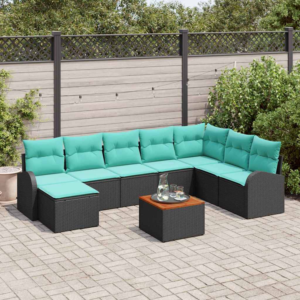 Tuinbankenset met opslag 9 pcs Zwart en Turquoise poly rattan – afbeelding 1