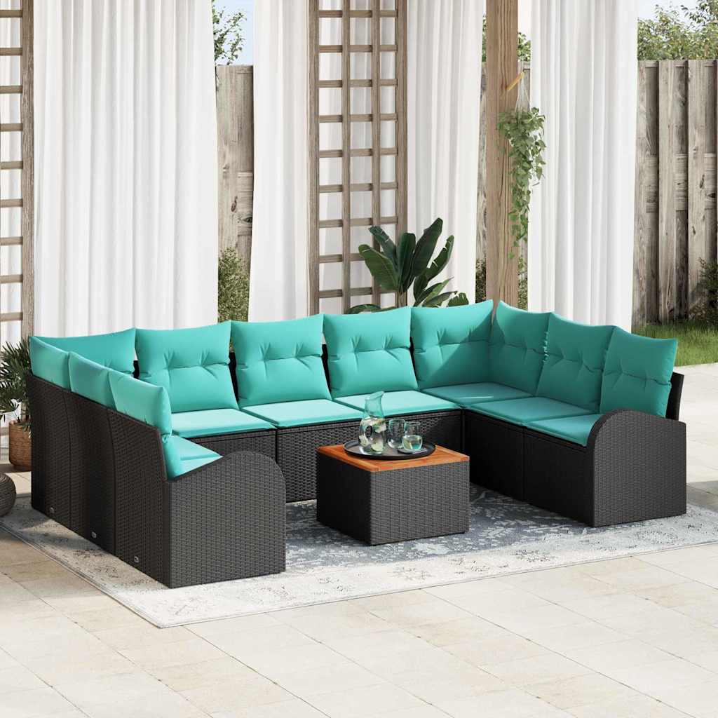 Tuinbankenset met opslag 10 pcs Zwart en Turquoise poly rattan – afbeelding 1