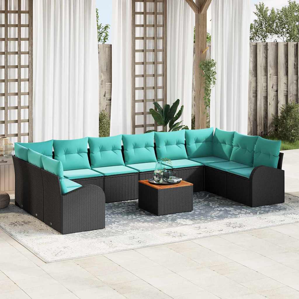 Tuinbankenset met opslag 11 pcs Zwart en Turquoise poly rattan – afbeelding 1