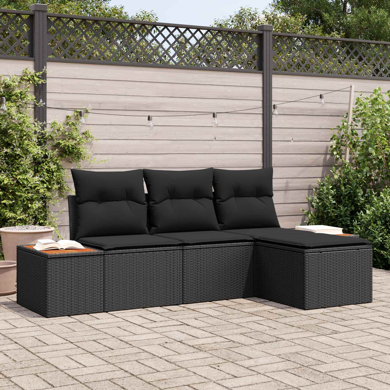 Tuin Sofa Set met kussen 4 pcs Zwart Poly Rattan – afbeelding 1