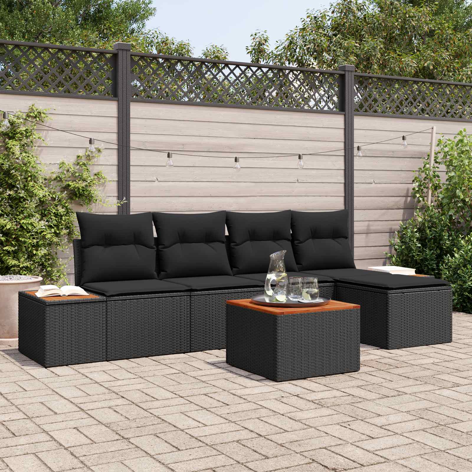 Tuinbankenset met kussen met opslag 6 pcs Zwart Polyrattan