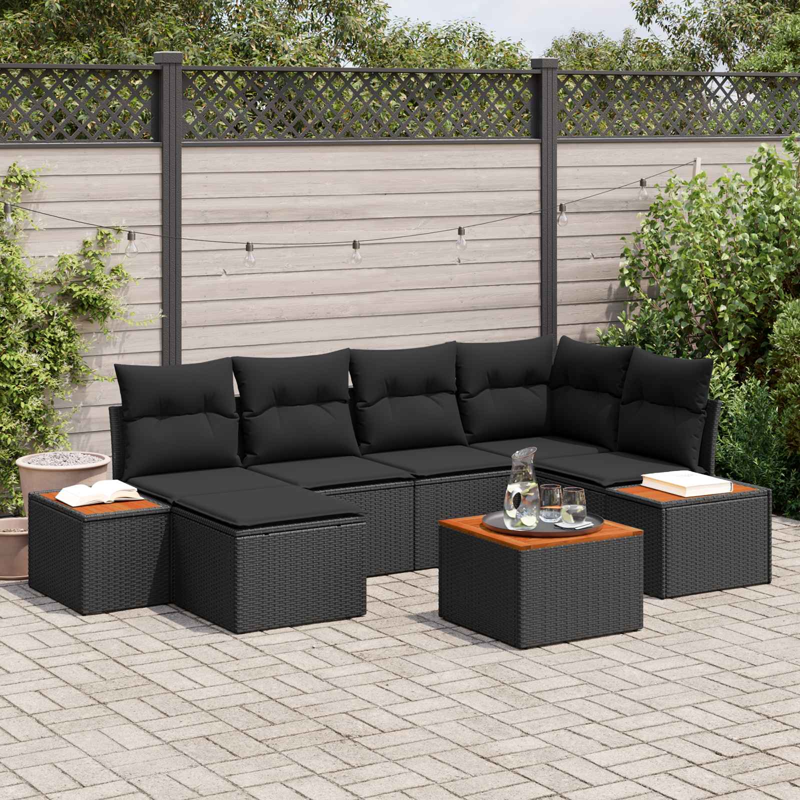 Tuinbankenset met kussen met opslag 7 pcs Zwart Polyrattan