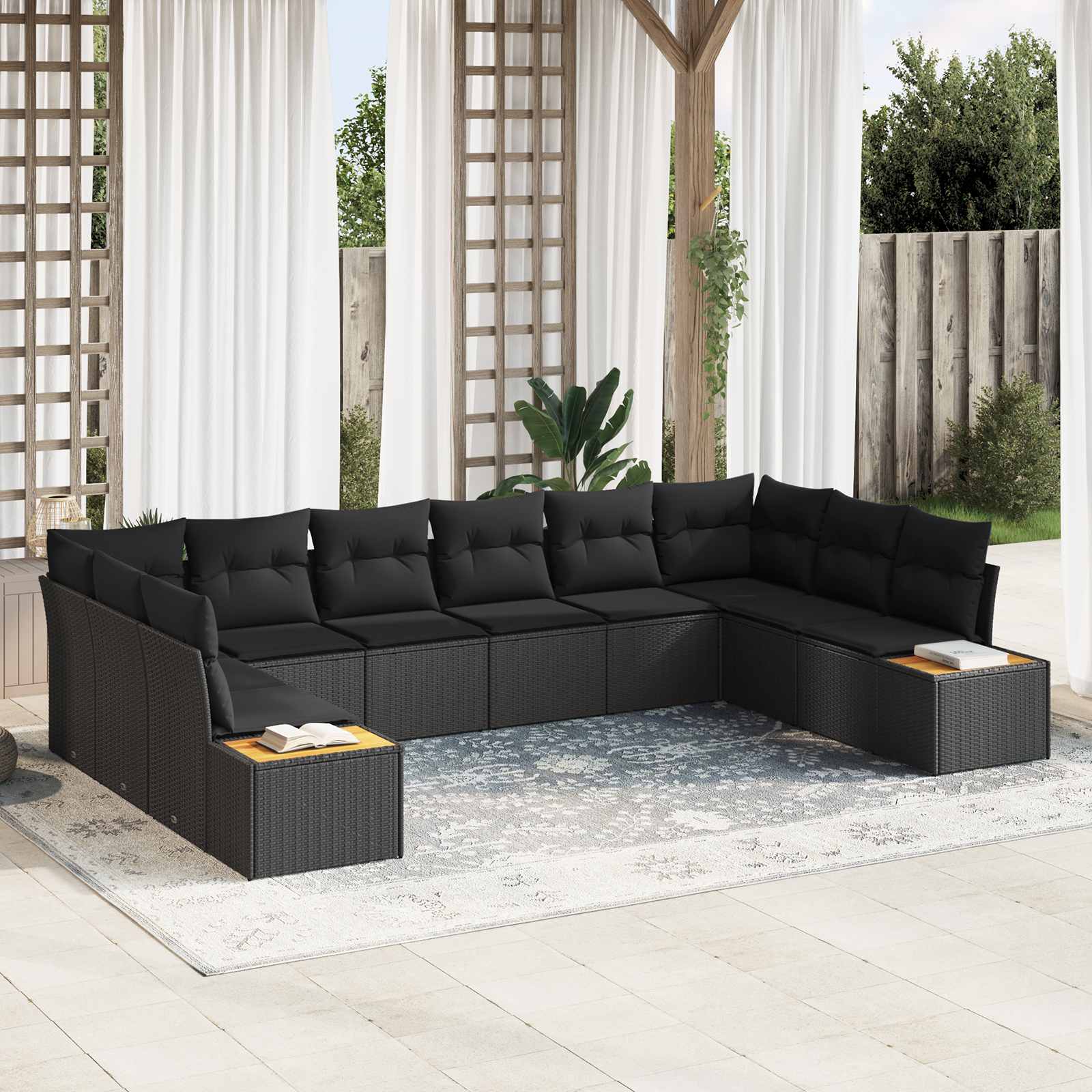 Tuinbankenset met kussen met opslag 10 pcs Zwart Polyrattan