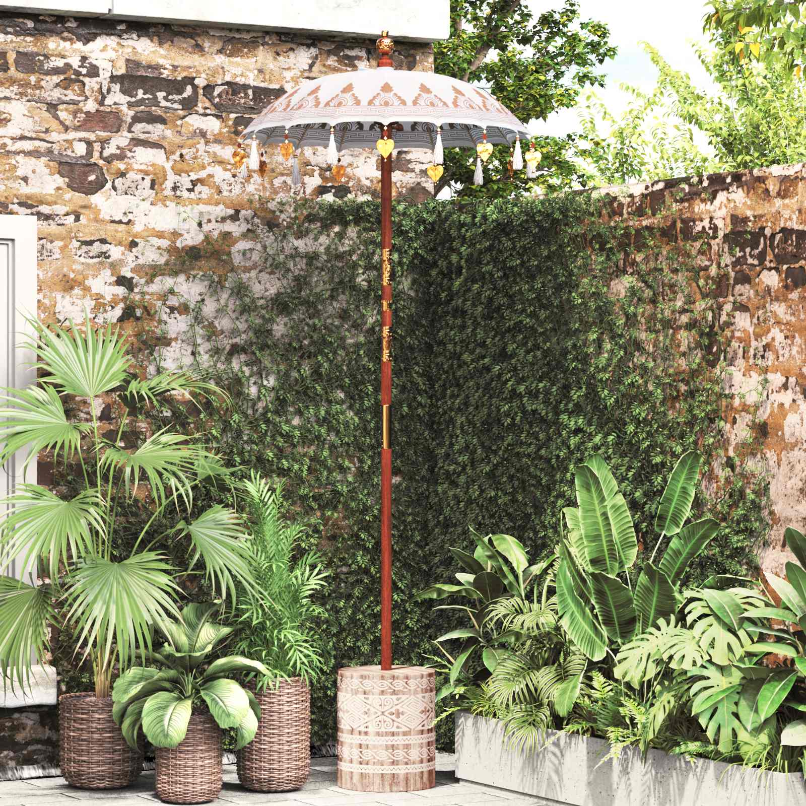 Balinese parasol met basis Crème 95 x 95 x 260 cm