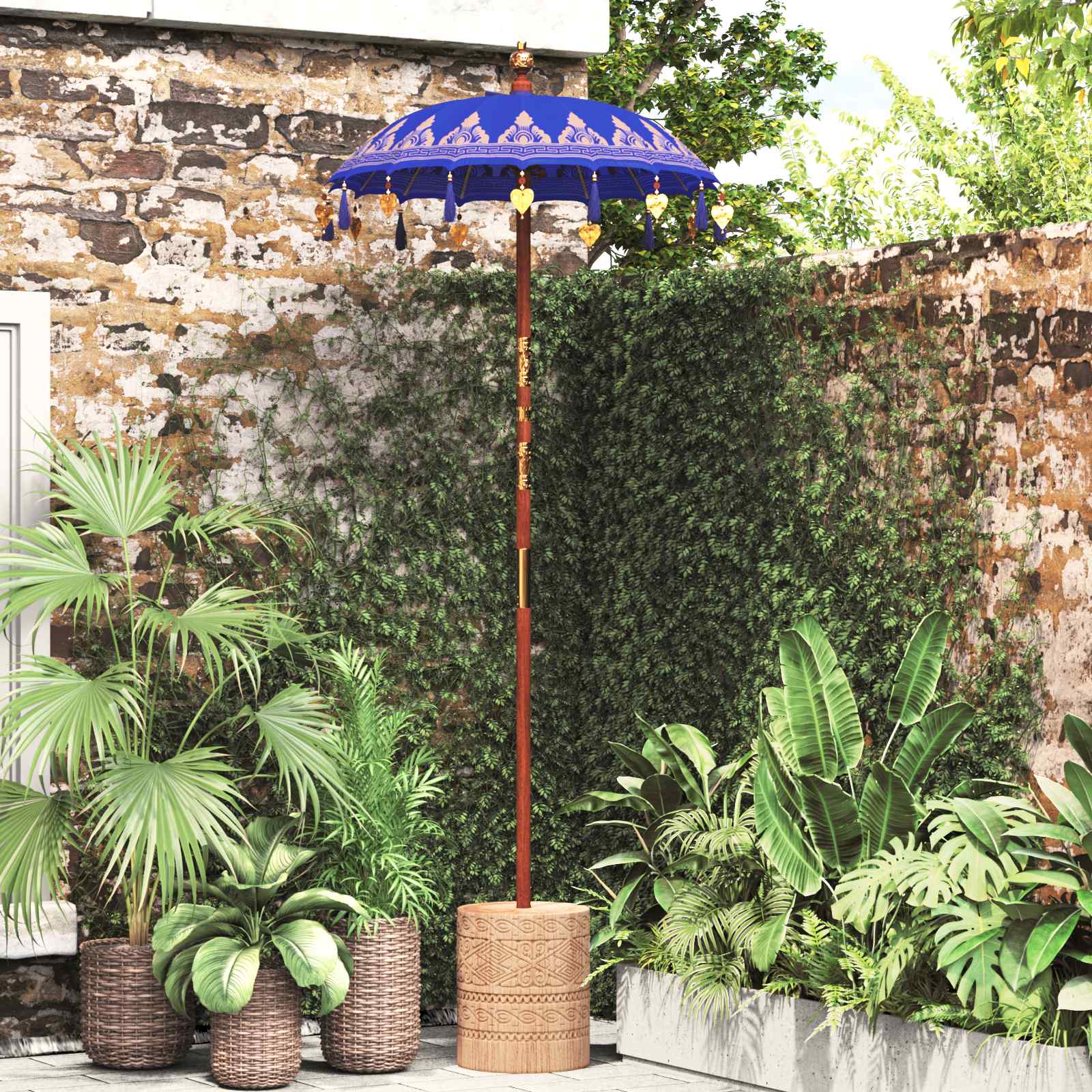Balinese parasol met basis Blauw 95 x 95 x 260 cm