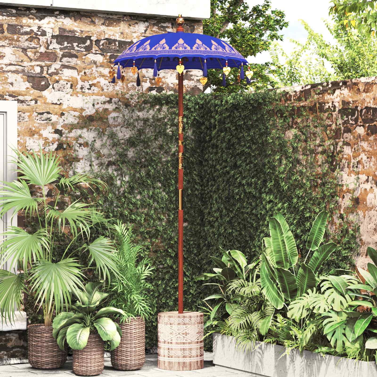 Balinese parasol met basis Blauw 95 x 95 x 260 cm
