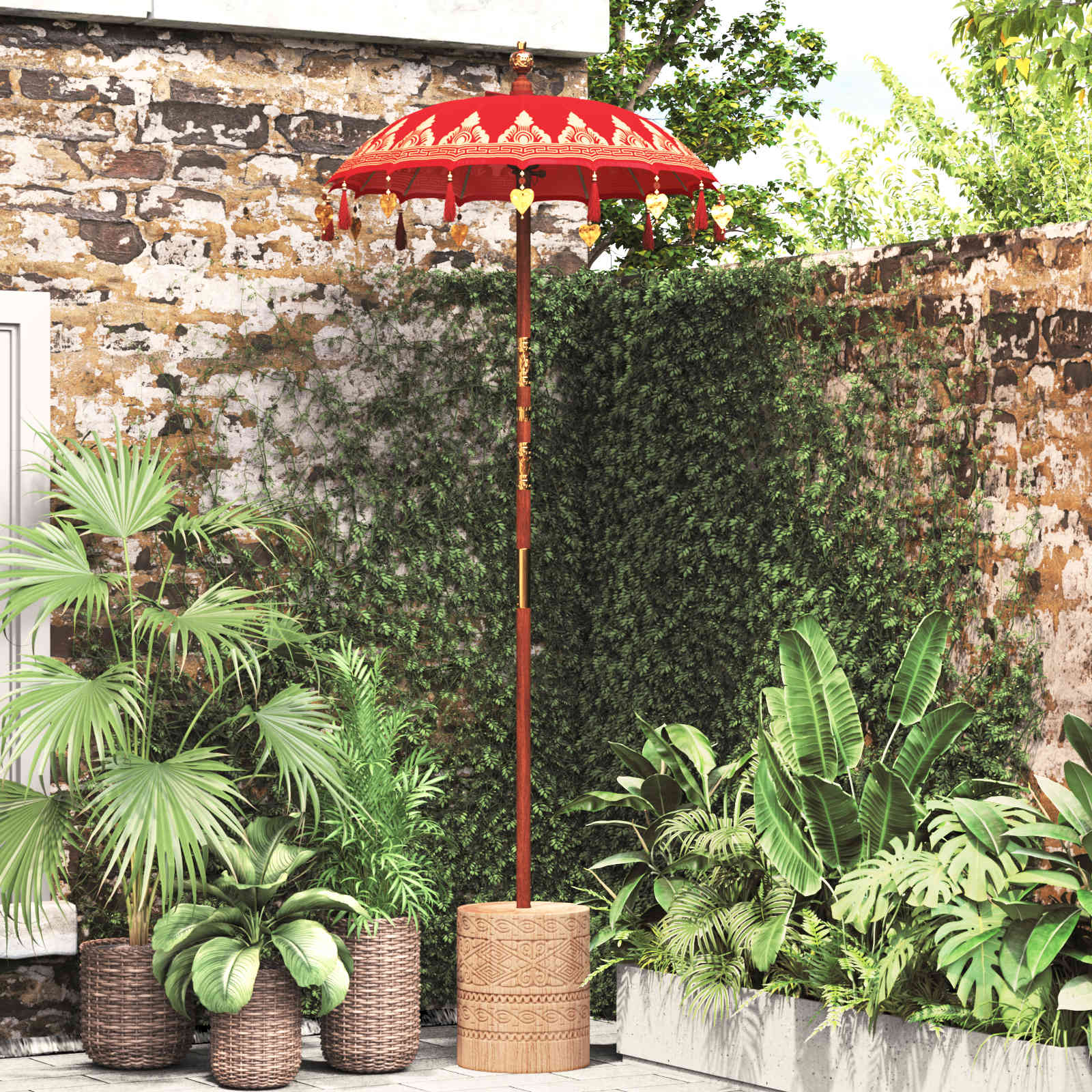 Balinese parasol met basis Rood 95 x 95 x 260 cm