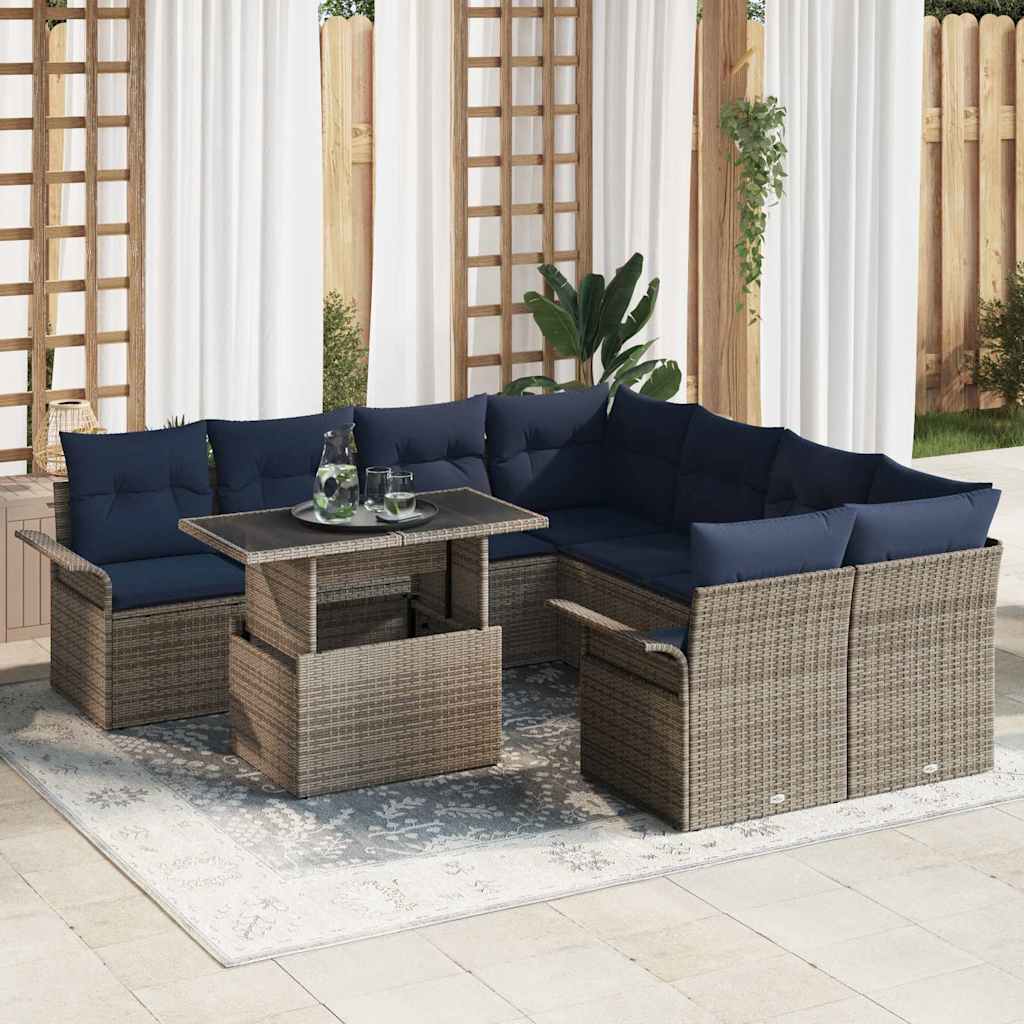 Tuin Sofa Set met kussen met opslag 9 pcs Grijs Poly Rattan – afbeelding 1