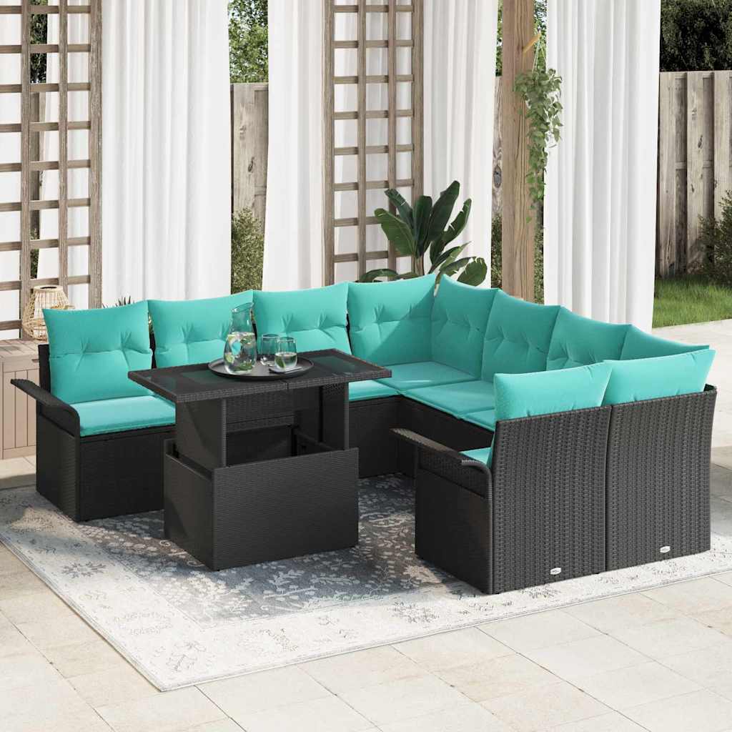 Tuin Sofa Set met kussen met opslag 9 pcs Zwart Poly Rattan – afbeelding 1