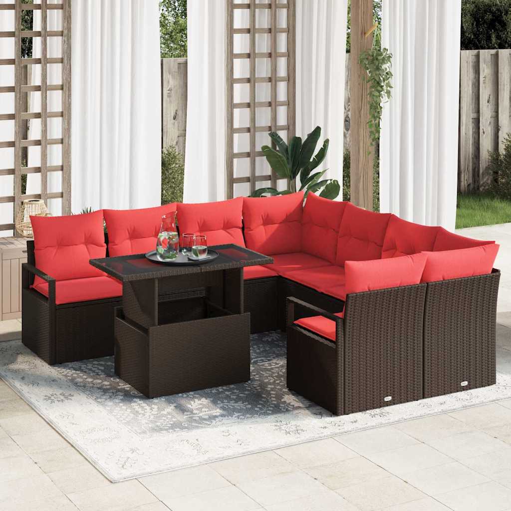 Tuin Sofa Set met kussen met opslag 9 pcs Bruin Poly riet – afbeelding 1