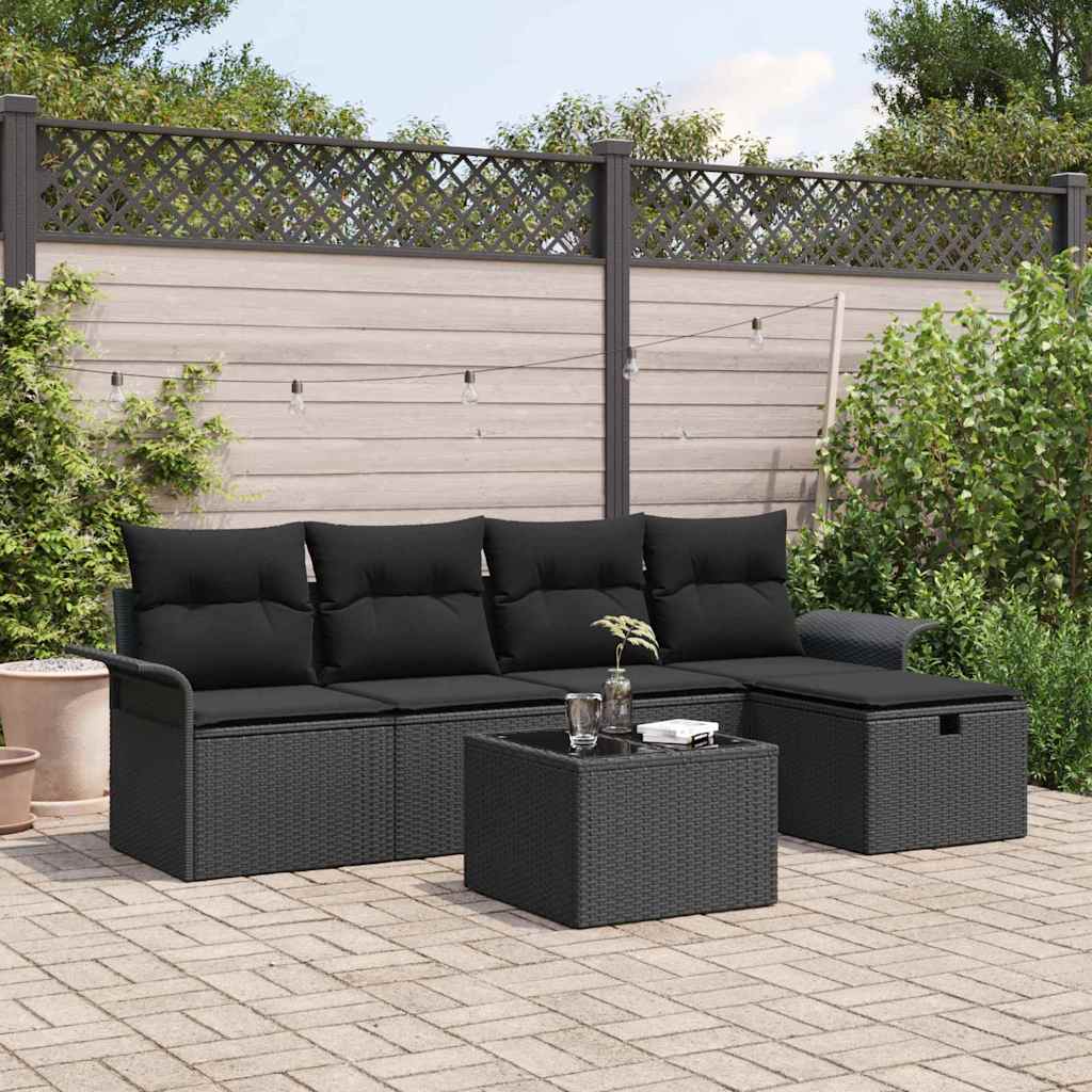 Tuinbankenset met kussen met opslag 6 pcs Zwart poly rattan
