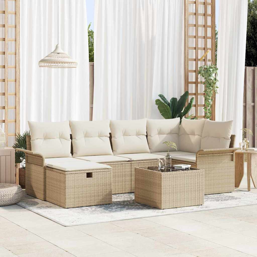Tuin Sofa Set met kussen 7 pcs Beige en Crème poly rattan