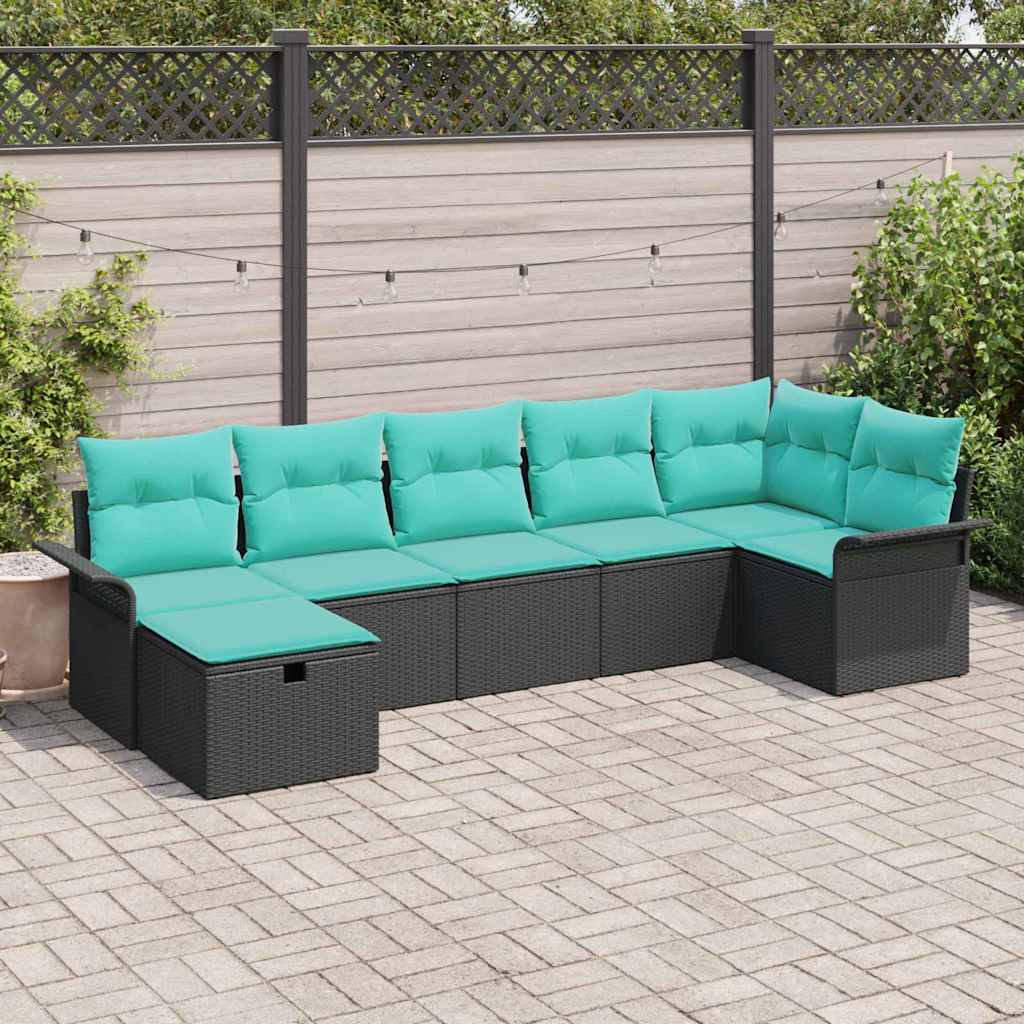 Tuin Sofa Set met kussen 7 pcs Zwart en Turquoise poly rattan