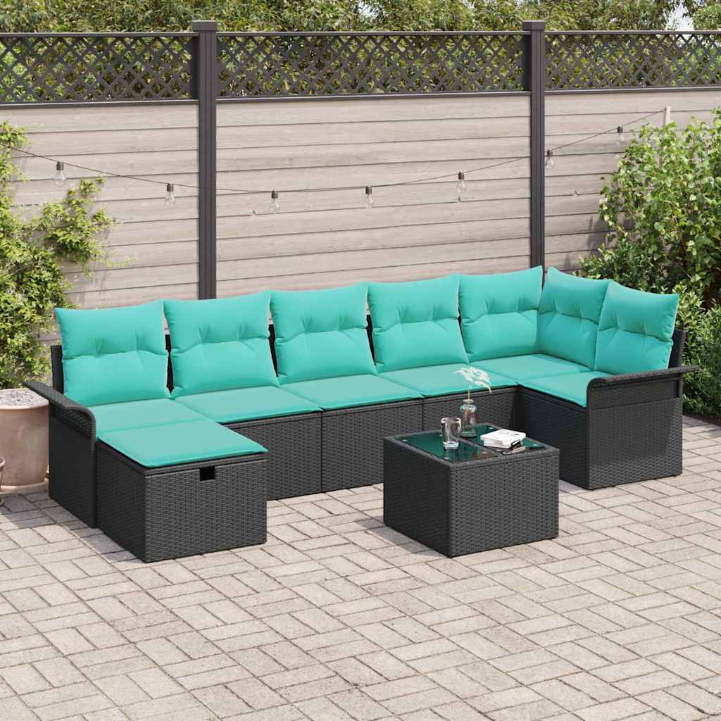 Tuin Sofa Set met kussen 8 pcs Zwart en Turquoise poly rattan