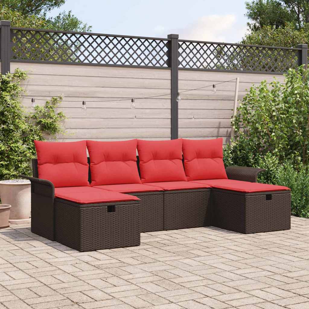 Tuin Sofa Set met kussen 6 pcs Bruin en Rood poly rattan